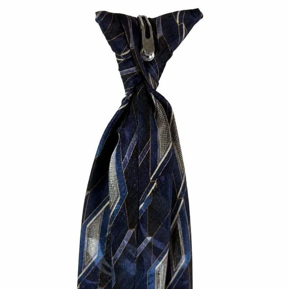 Vintage Towncraft Clip On Tie Mens Blue Gray Gold Geometric Abstract Polyester